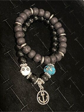 Beaded Anchor Charm Bracelet set - Black and Turquoise